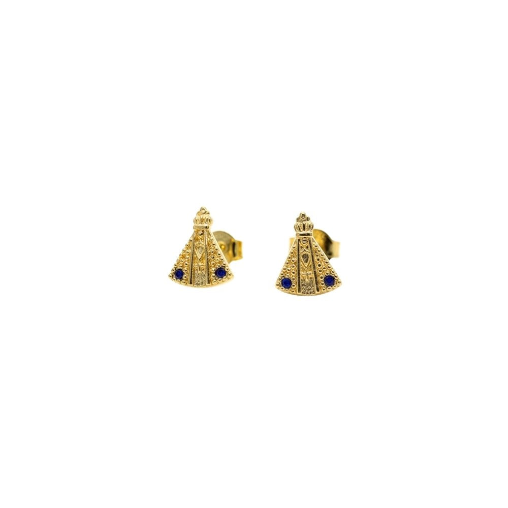 Brinco Nossa Senhora Zirconia Azul | Banho Ouro 18k