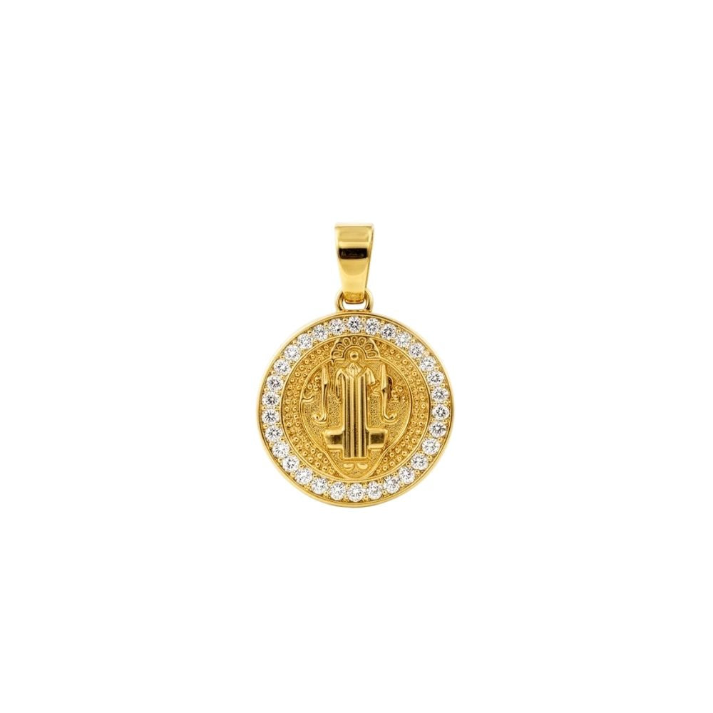 Pingente Medalha De São Bento Cravejado Zircônia Cristal | Banho Ouro 18k