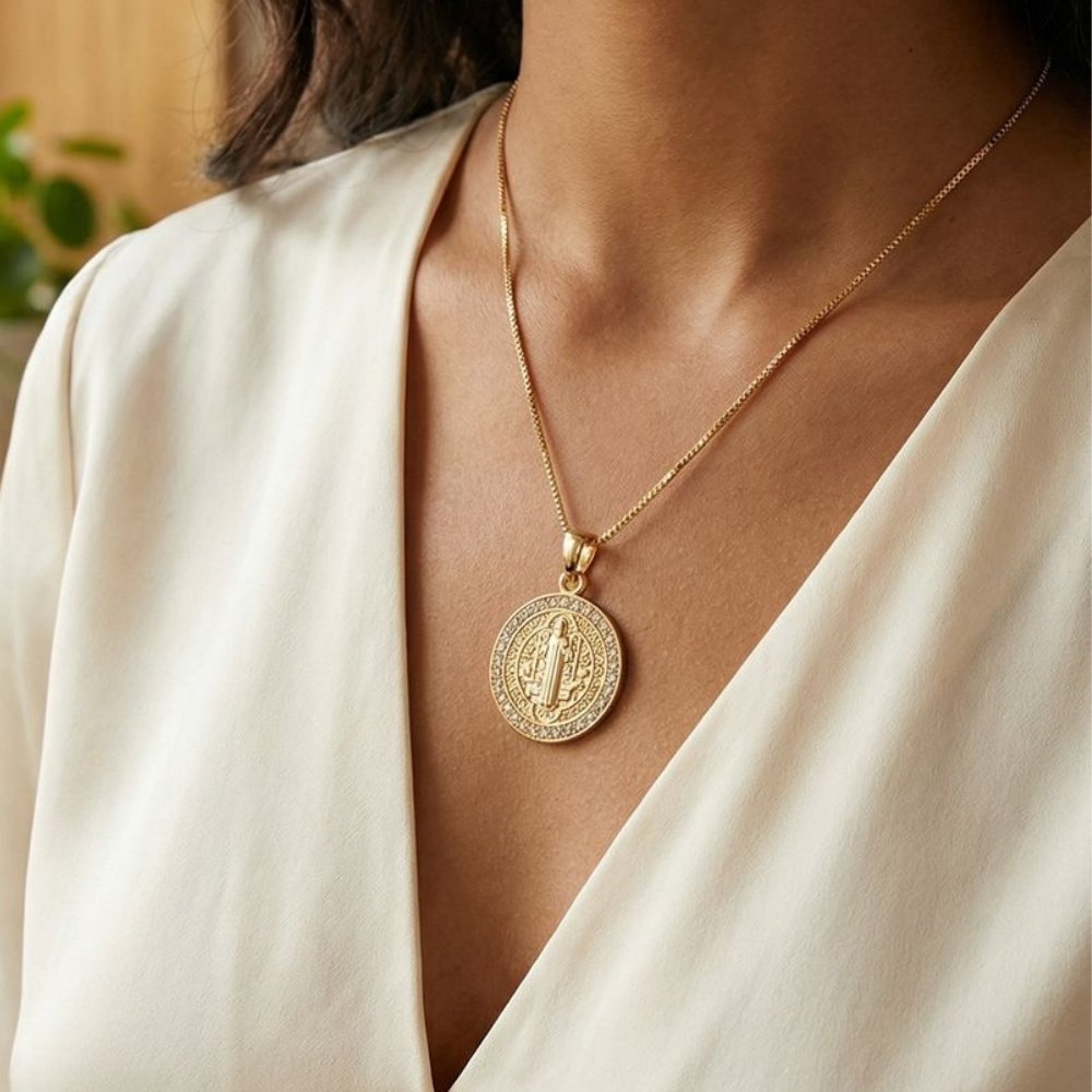 Pingente Medalha De São Bento Cravejado Zircônia Cristal | Banho Ouro 18k