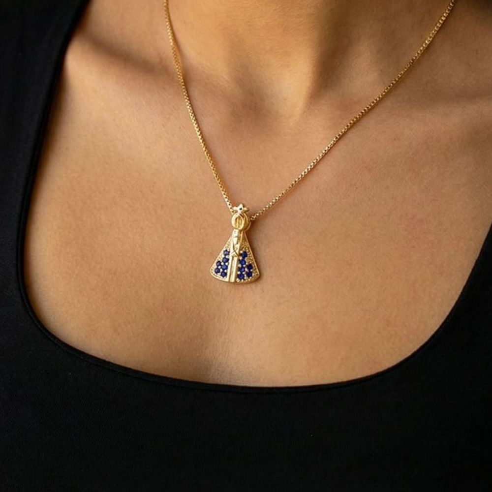Gargantilha Veneziana 45cm Com Pingente Nossa Senhora Aparecida Zircônia Azul | Banho Ouro 18k