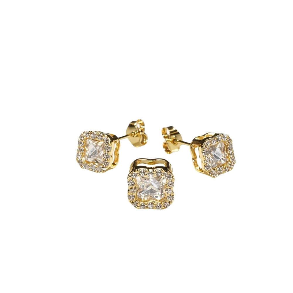 Conjunto Trevo Cravejado Pingente + Brincos | Banho Ouro 18k