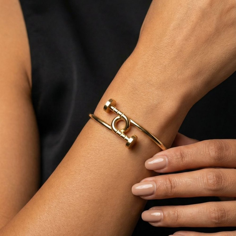Kit Bracelete 2 Pregos Dourado + Anel Prego Cravejado Zircônia Cristal